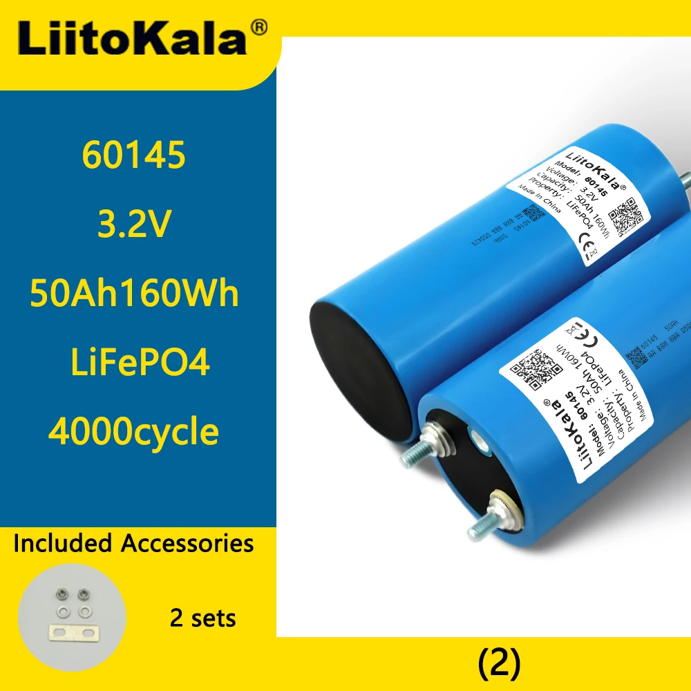 Liitokala 3.2V 50Ah LiFePO4 Battery 60145 Lithium iron phosphate for 12V 24V Off Grid Solar Energy Car Golf Cart Camping Trip