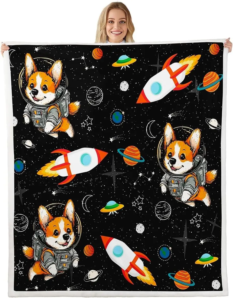 Manta de astronauta con dibujos de cachorros y perros, manta para niños, nave espacial de cohete, manta Sherpa súper suave arrugada, acuarela estrellada