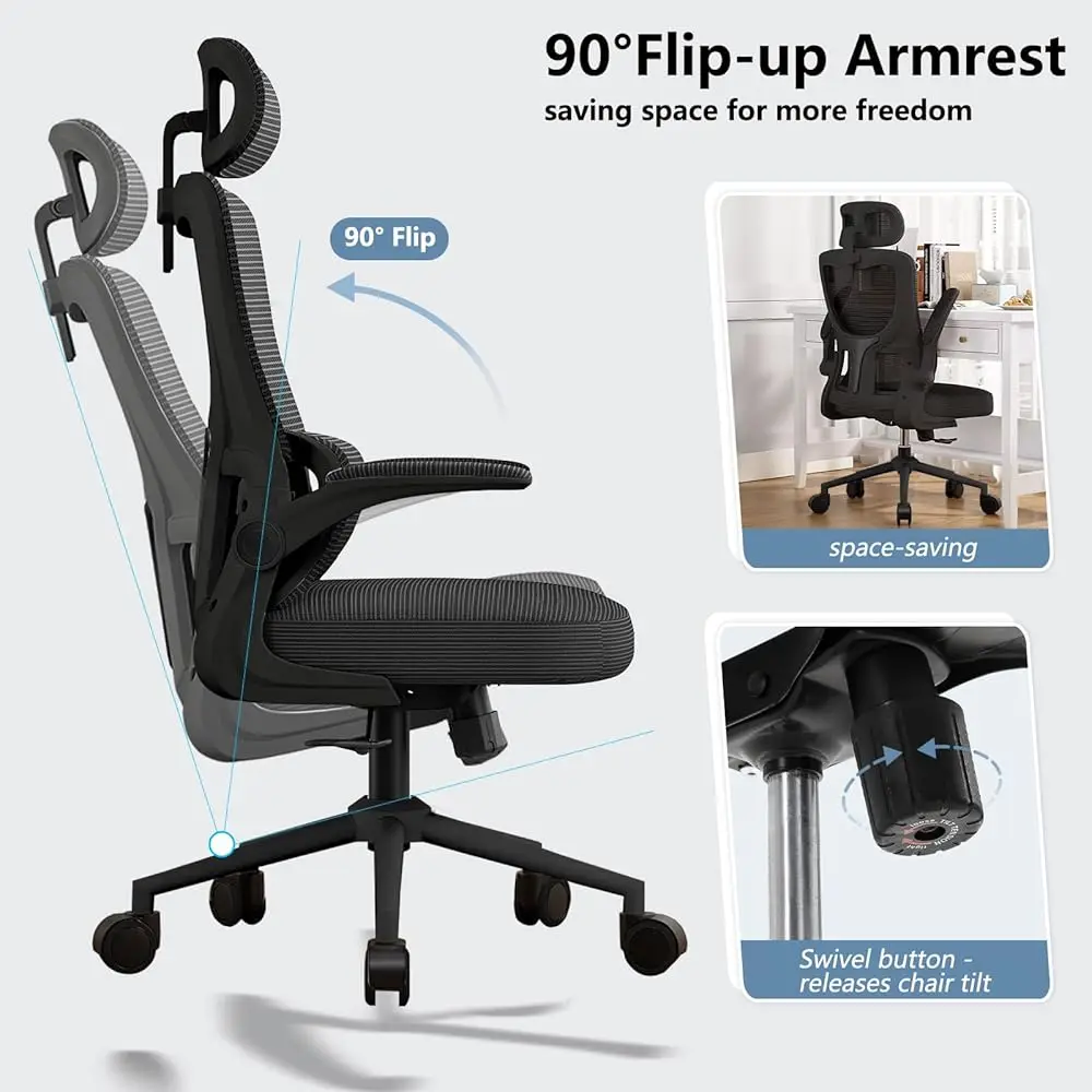Mesh Office Chair High Ba Ergonomic Desk Chair With Lumbar Support And Flip Up Armrest Adjustable Headrest For Bla Home Office