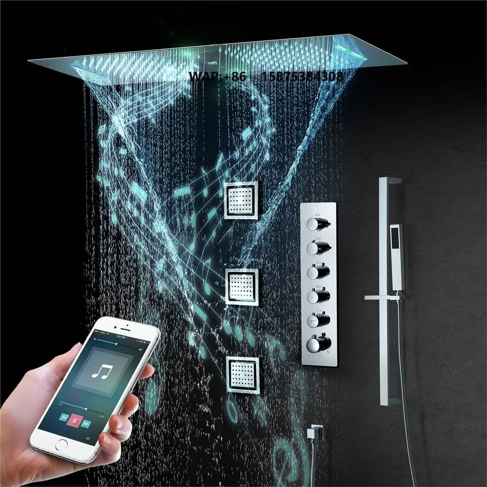 LED Thermostatic Rainfall Ceramic Bathroom Shower Faucet Brass Body Jet Massage Music Function Brushed Surface Waterfall Villa