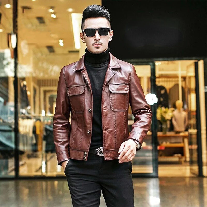 

2022 Men's Spring Autumn New Genuine Sheepskin Coats Male Short Motorcycle Jackets Men's Lapel Real Leather Overcoats N107