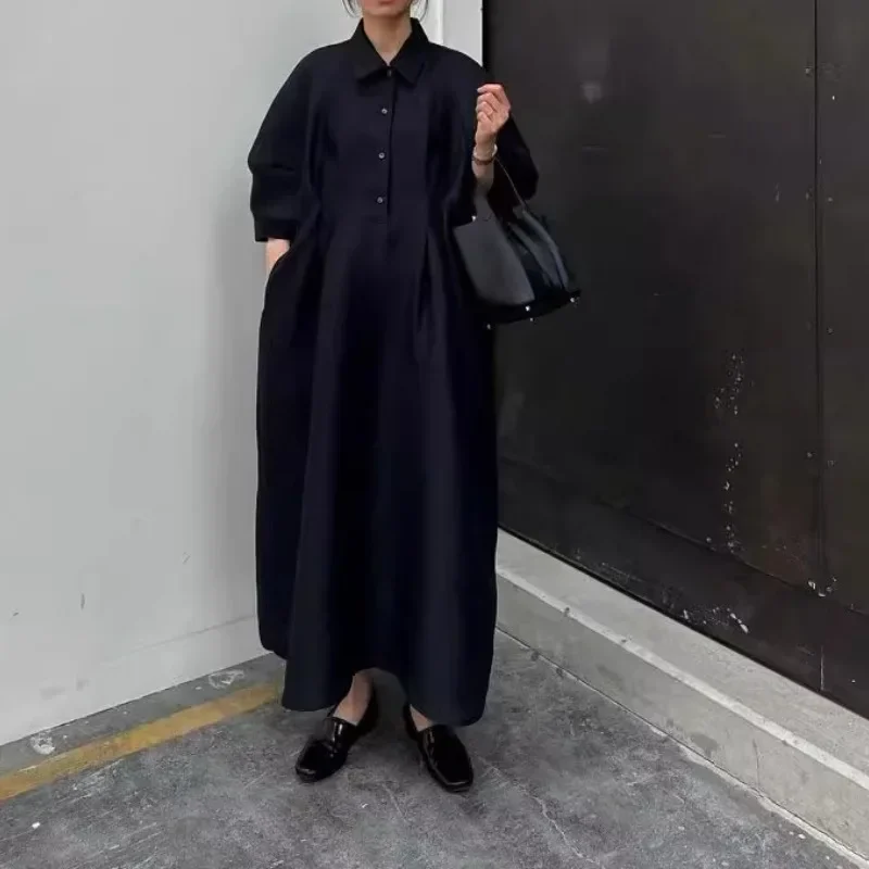 Vestido plissado, manga lanterna feminina, túnica japonesa, elegante com túnica no pescoço, primavera, verão, 2022