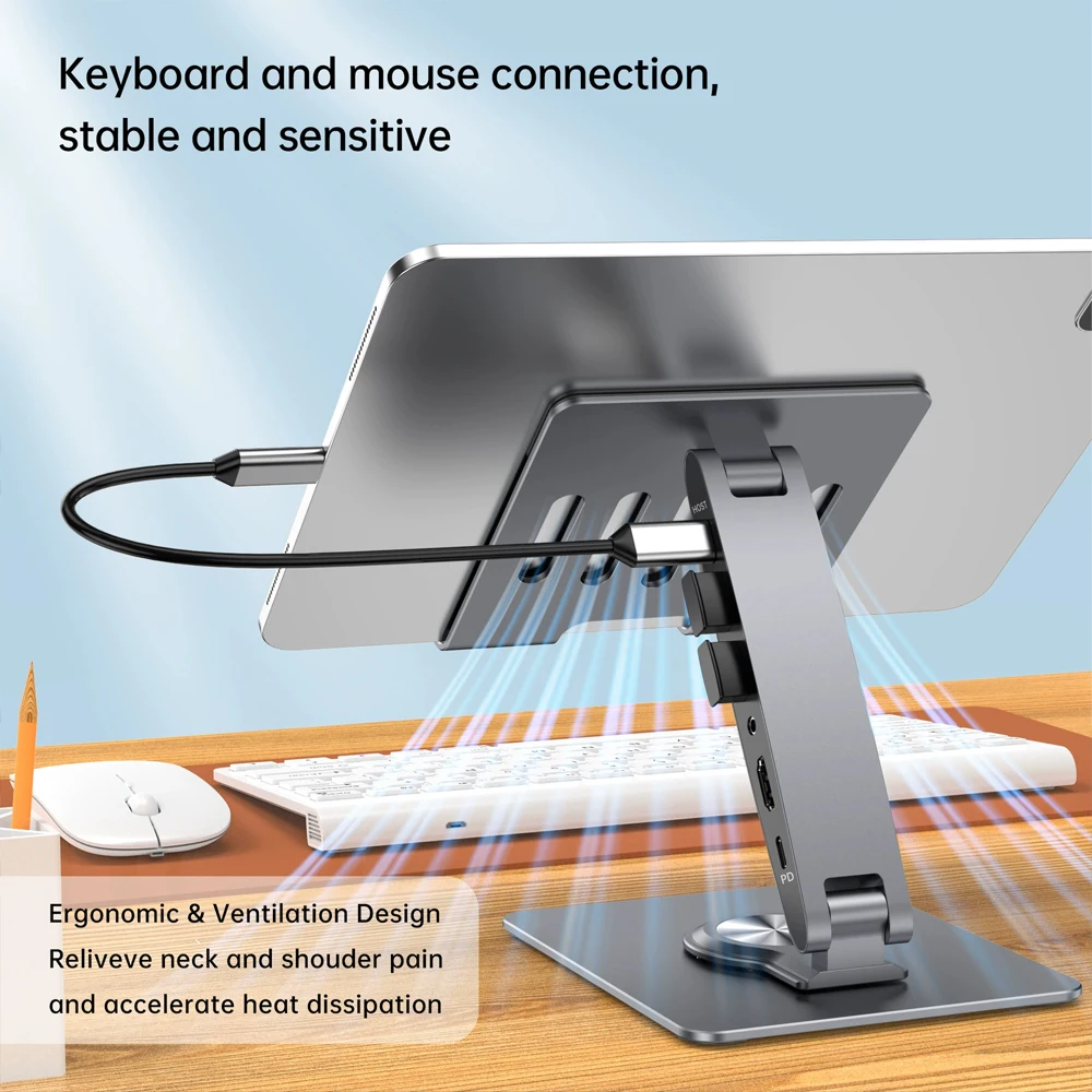 Foldable  USB-C Docking Station HUB for 4-12.9 in iPad Pro and other tablets desktop stand HDMI 4K 30Hz cast screen