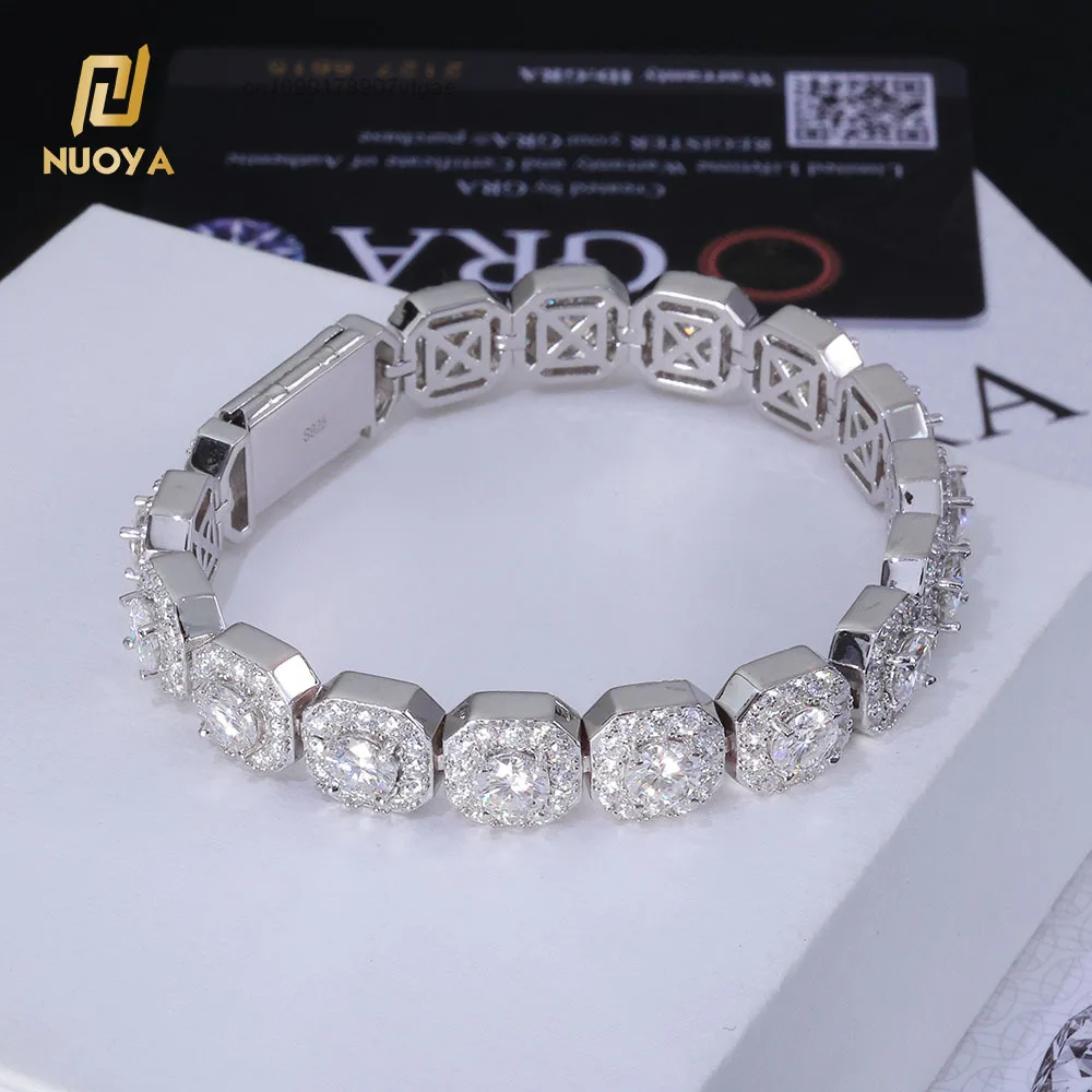 10mm NUOYA 12mm Iced Out VVS Moissanite Tennis Chain 925 Sterling Silver Clustered Tennis Chain Hip Hop Necklace for Men Women.
