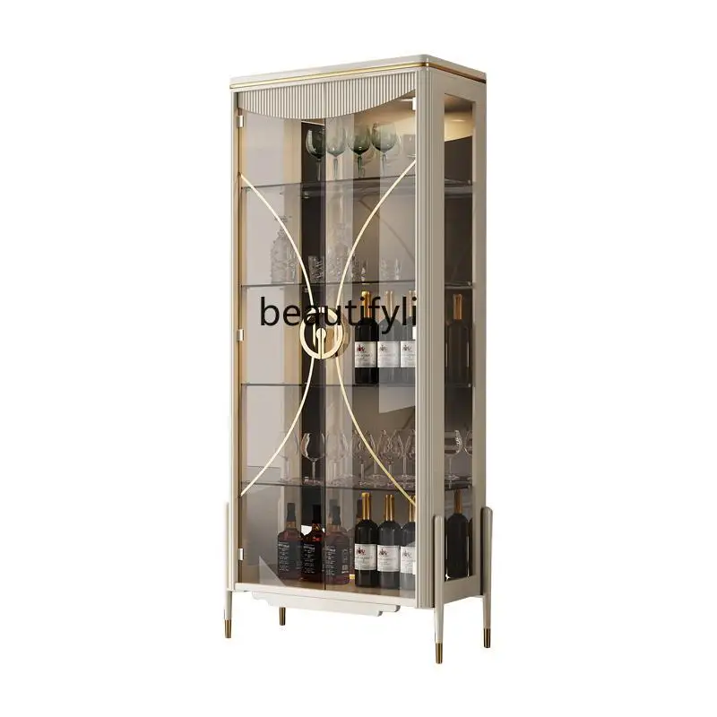 

Cream color simple high-end light luxury glass door display wine cabinet household integrated wall living room locker