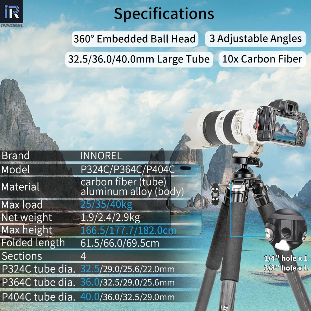 Tripé de fibra de carbono INNOREL P324C/P364C/P404C com montagem em cauda de andorinha Arca Swiss e 360 ° Esfera embutida para tiro e atividades ao ar livre