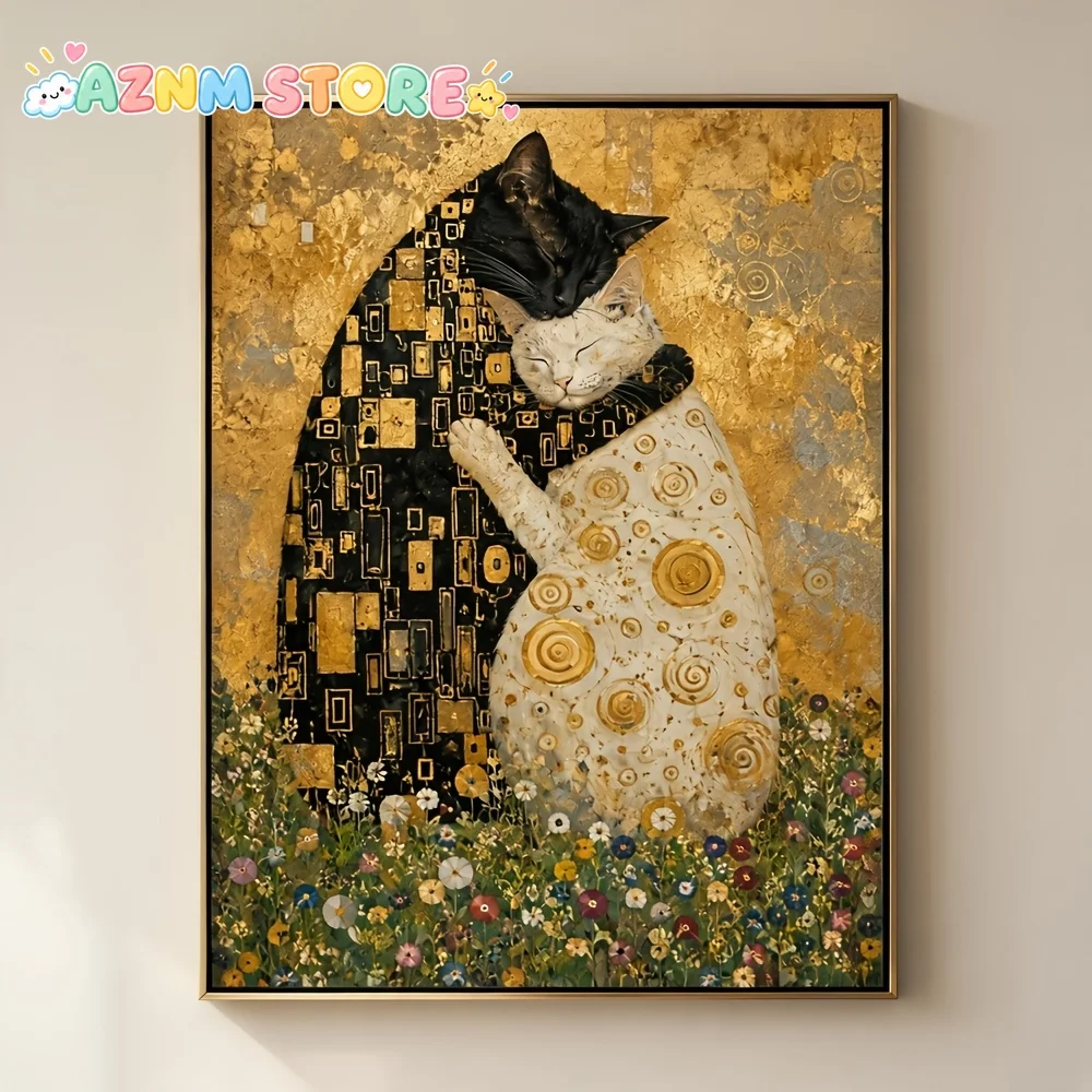 2027Gustav Klimt Cat Parody Poster - Bohemian Klimt Style Suitable for Pet Lovers, Retro Golden Mural Texture with Ornate Kit