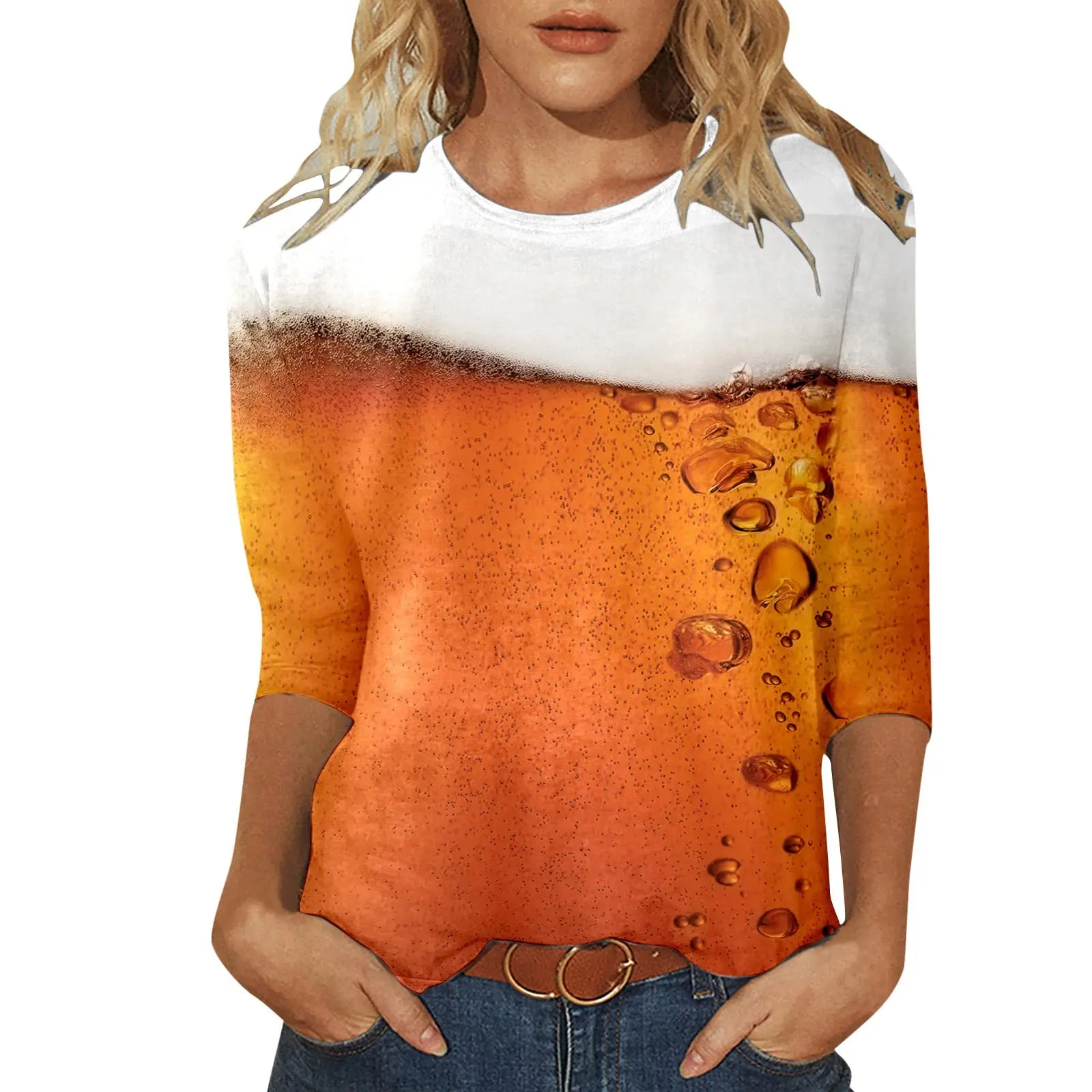 2025 New Women's Beer Fashion Print Long Sleeve T-shirt Sports Leisure Cute Polyester Ultra-thin Round Neck Long Sleeve