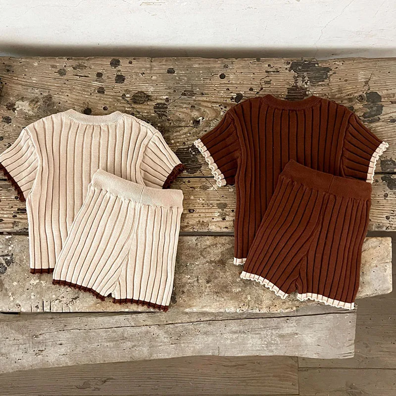 2025 New Spring Newborn Baby Girls Boys Clothing Set Short Sleeved Knitted Pullover Sweater+Shorts Children Clothes Suit