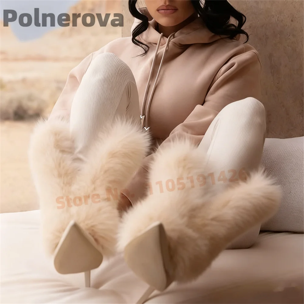 Mid-Calf Fluffy Furry Boots for Women Pointed Toe Stiletto High Heels Winter Boots Luxurious Beige Fox Fur Strappy Warm Shoes