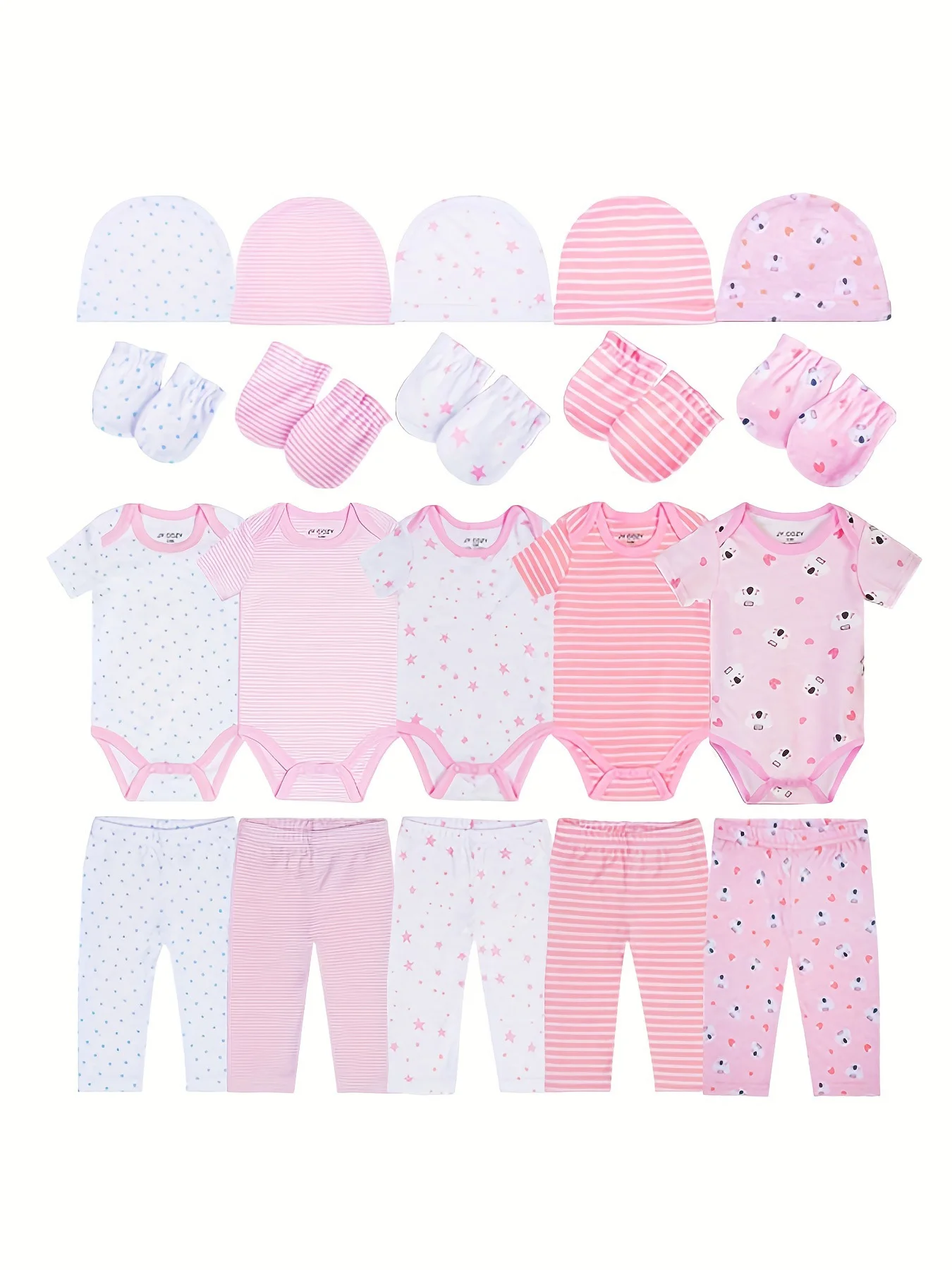 baby girl clothes pink cotton 20 pieces set 5 onesie 5 pants 5 gloves 5 hats newborn romper sets infant outfits soft homewear best gift for new mom