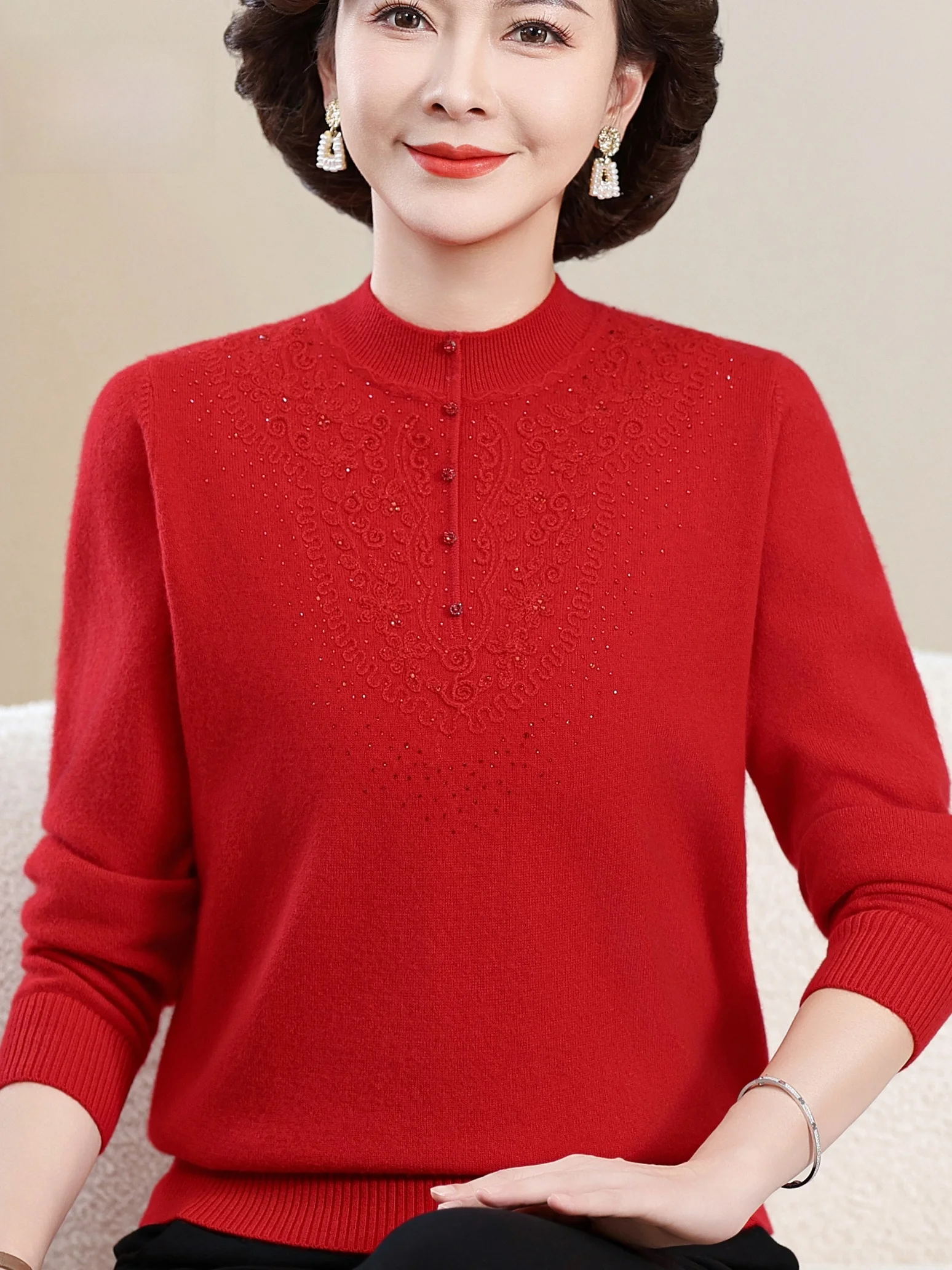 

Faionable Full Wool Sweater f High Collar Red Color Women's Mid-Aged And ly Sle Annual Cycle Base irt