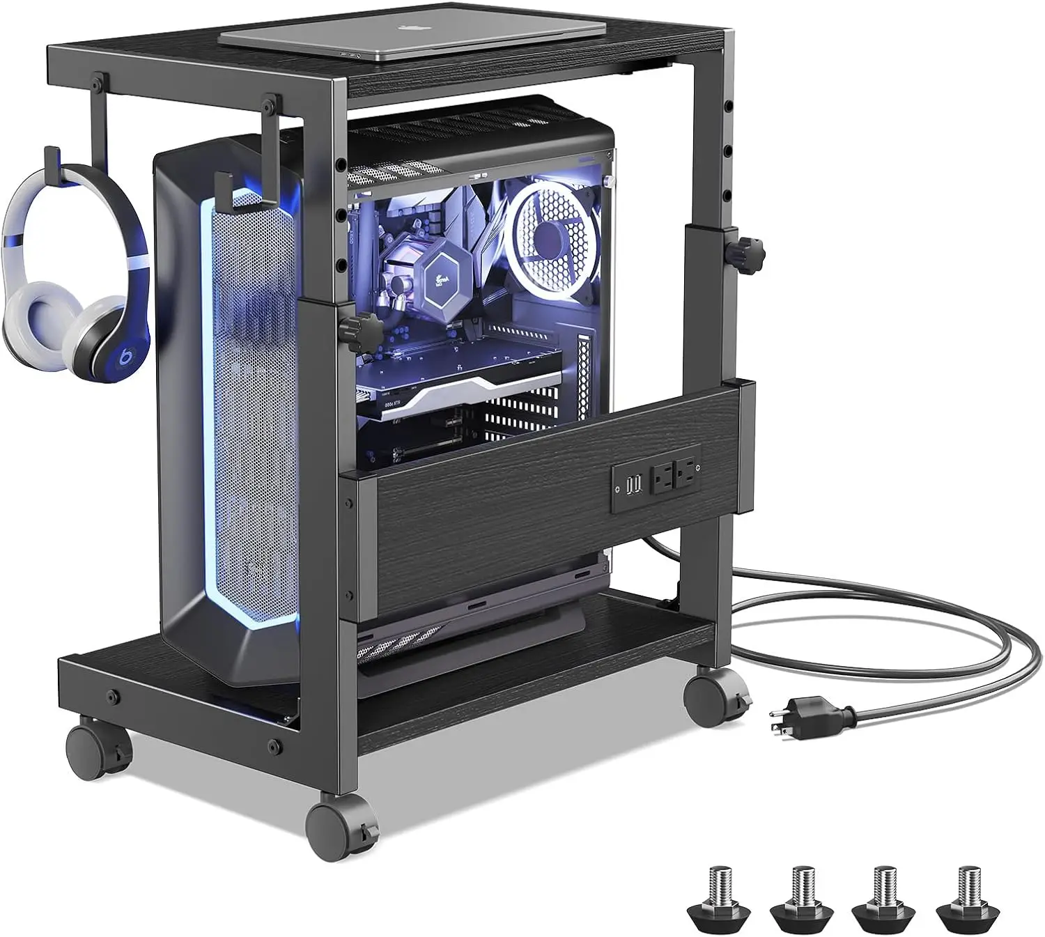 

Height Adjustable PC Tower Stand with Charging Station, Under Desk CPU Holder with Locking Casters