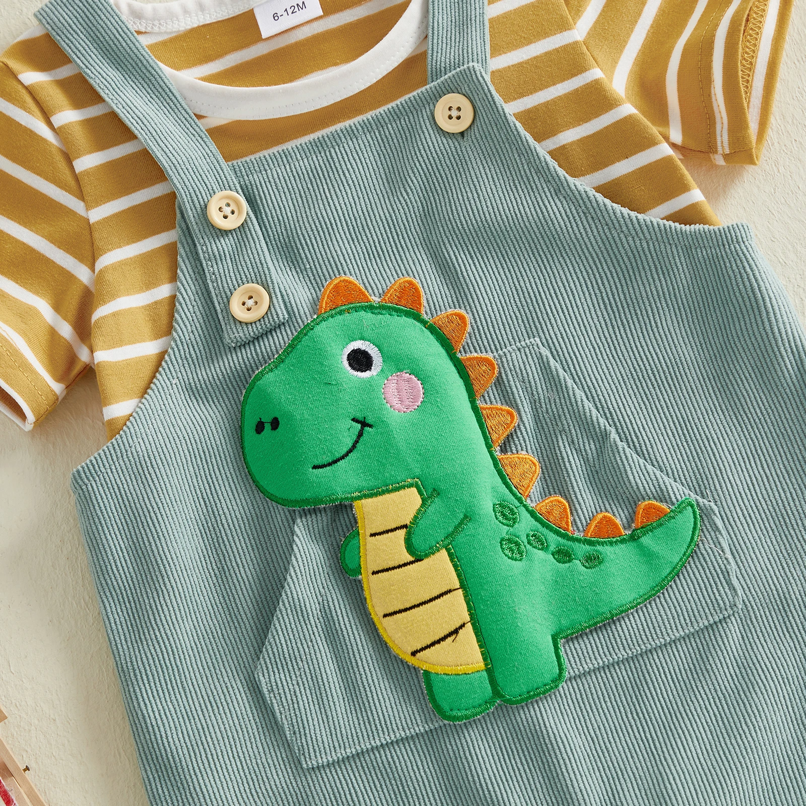 0-18M Baby Summer Outfit Casual Loose Fit Striped Crew Neck Short Sleeve Tops and Patch Embroidered Overalls 2 Pcs Set
