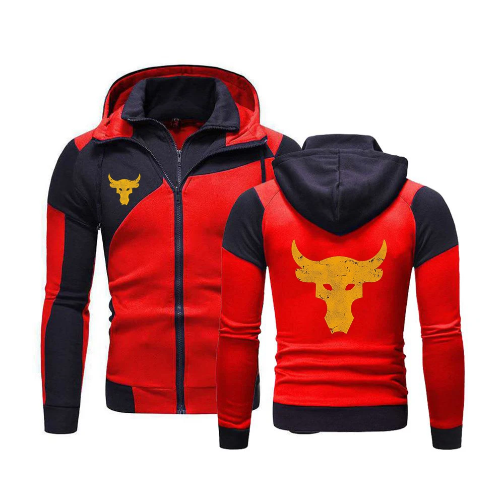 Dwayne Johnson Brahma Bull Tattoo 2024 New Spring And Autumn Men's Printing Hooded Patchwork Color Hoodie Zipper Pullover Tops