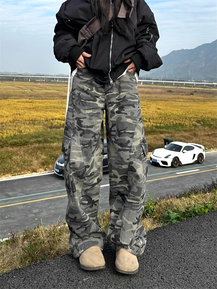 Large Side Pockets Women's Camouflage Casual Pants Cool Girl Street Bottoms Curved Wide Leg Female Unisex Loose Y2K Trousers