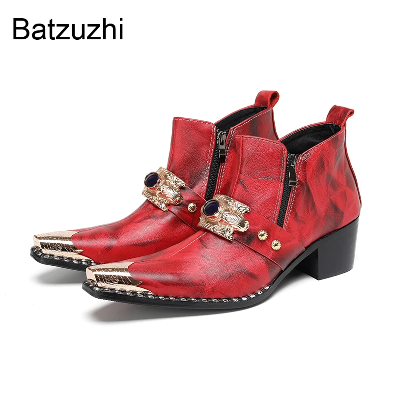 

Batzuzhi Luxury Handmade Men's Boots Shoes 6.5cm Highe Heels Red Genuine Leather Ankle Boots Man Zips Party/Wedding Botas Man!
