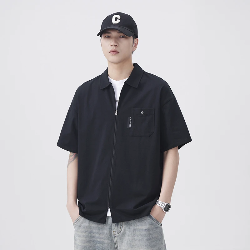 

2025 Summer Black T-shirt Men Streetwear Fashion Loose Casual Short Sleeve Zipper Cardigan T Shirt Plus Size Tshirt