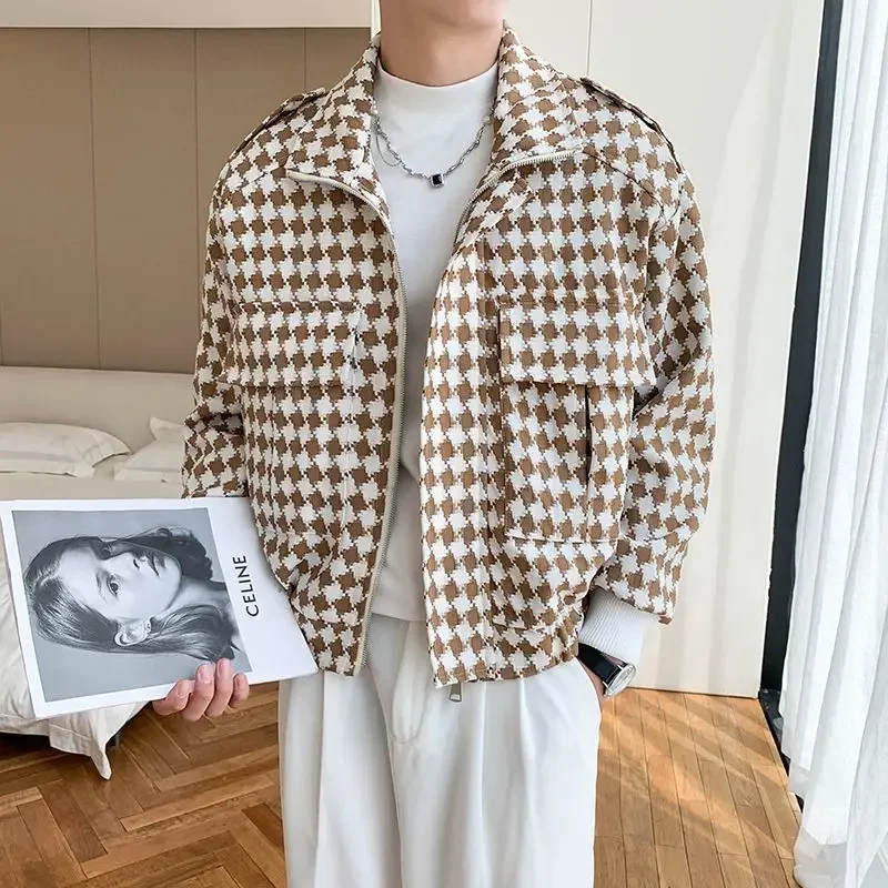 Fashion Spring Autumn Brand Coat Men's Clothing Printed Jacket Slim Vintage Zips Pockets Business Casual Outerwear Streetwear