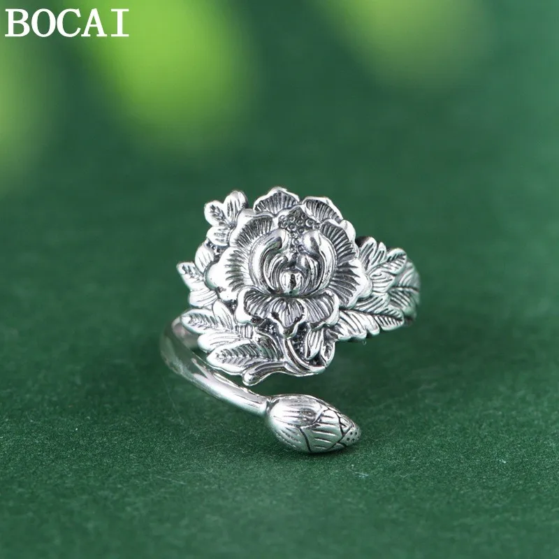 BOCAI New S925 Sterling Silver Vintage Elegance Peony Flower Ring Women's Selected Gift