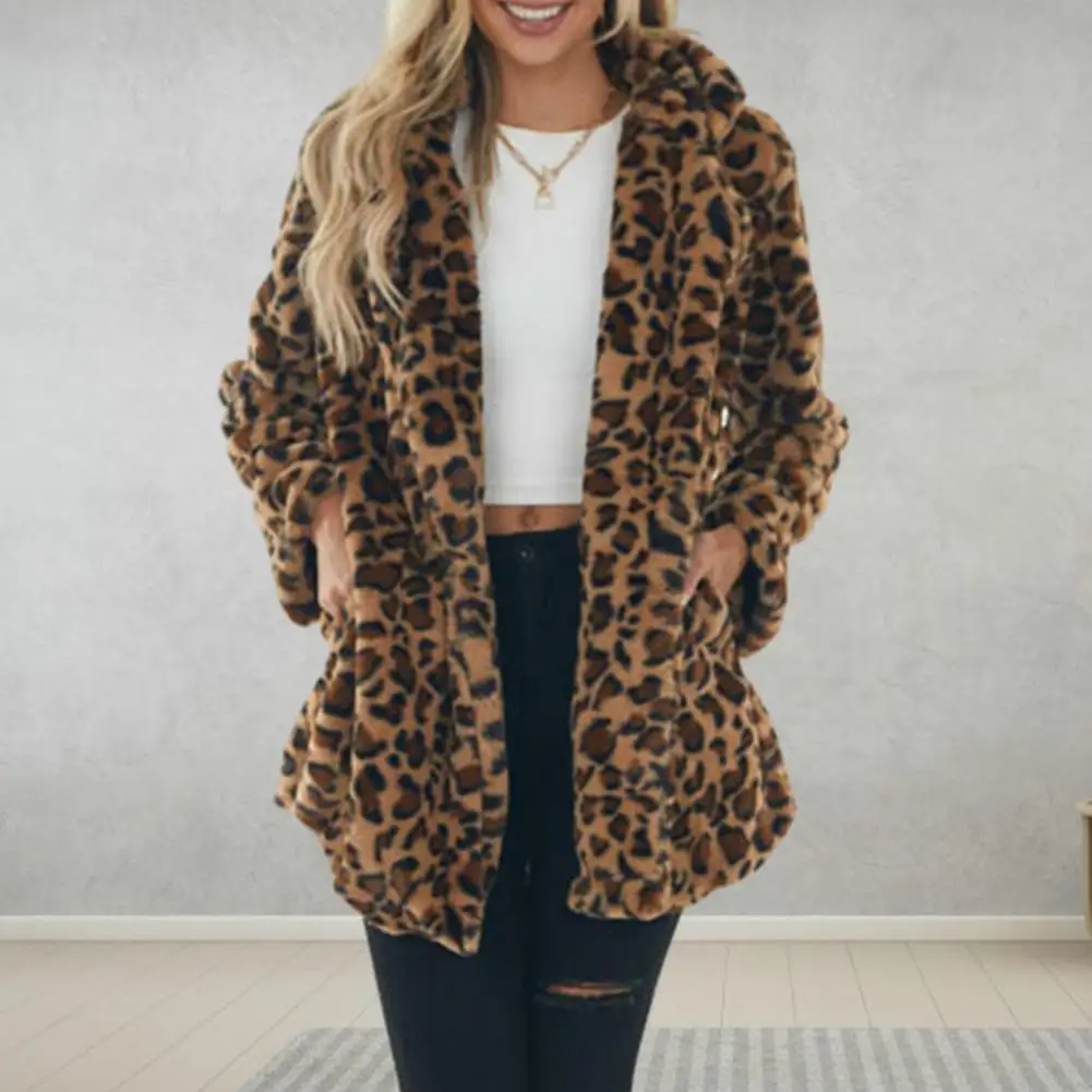 Imitation Fur Jacket Leopard Print Plush Coat for Women Stylish Windproof Mid Length Overcoat with Pockets Lapel Women Faux Fur