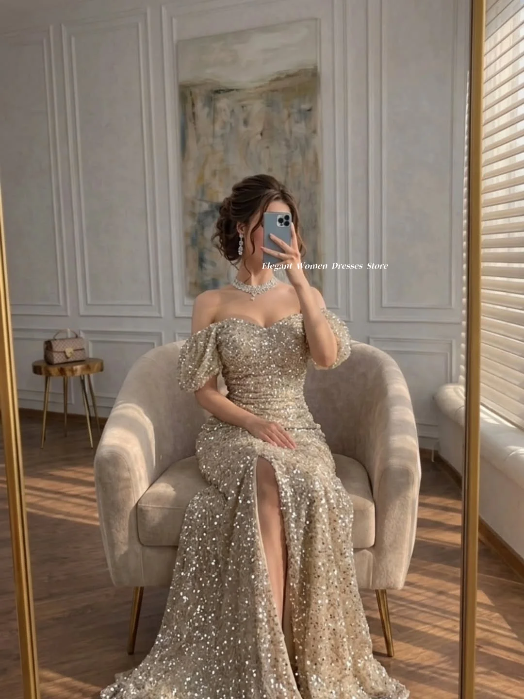 Evening Dresses Shiny Sequin Long Dress Off Shoulder Side Slit Mermaid Skirt Sweet Wedding Reception Prom Party Gown Customized
