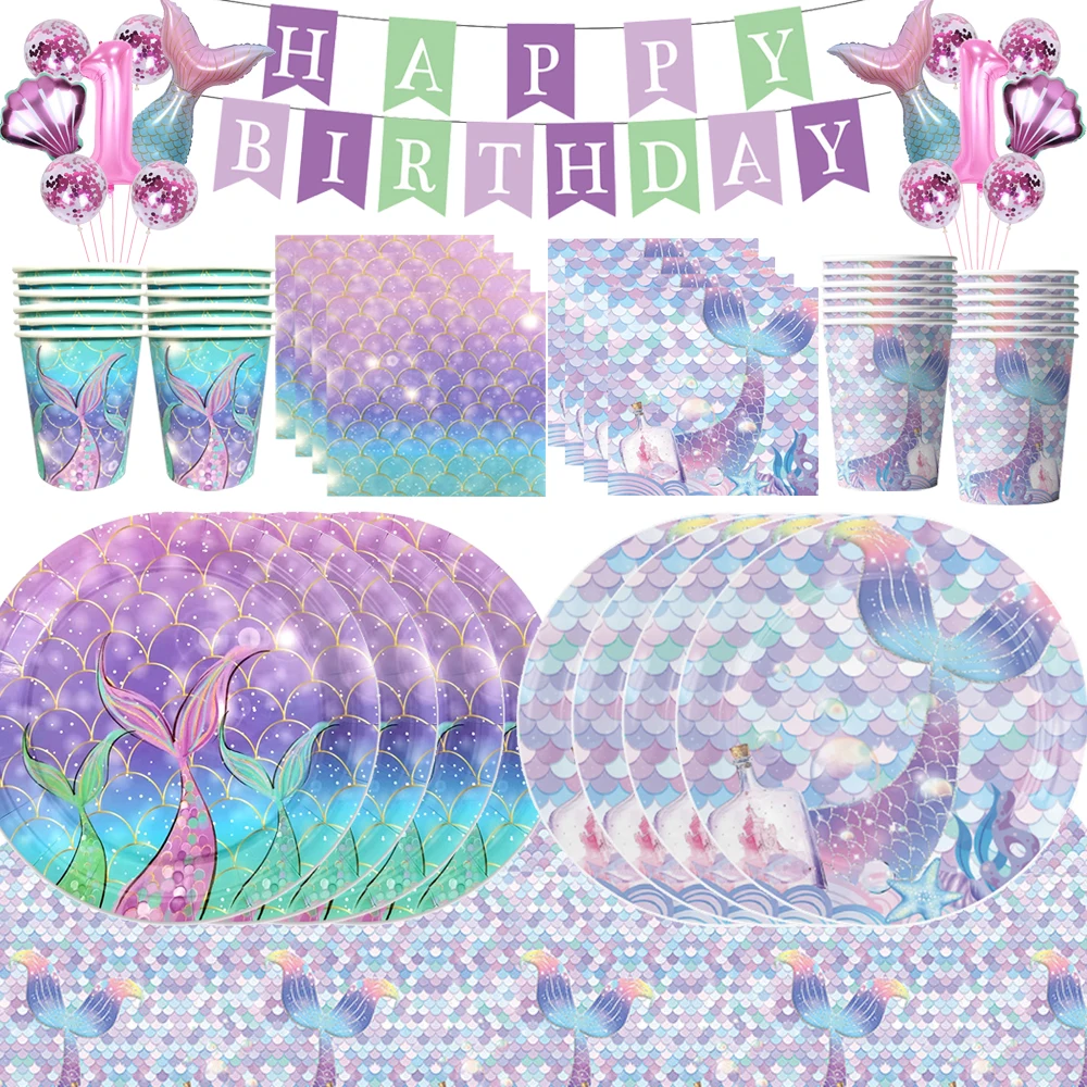 

Mermaid Party Disposable Tableware Set Purple Fish Tail Birthday Party Supplies Baby Shower Girl Favorite Items Decoration