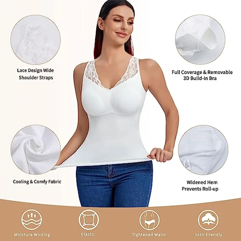 Sexy Tanks Tops Shaper For Women Plus Size Cami Built in Bra Shapewear Tummy Control Camisa Lace Slimming Compression Undershirt