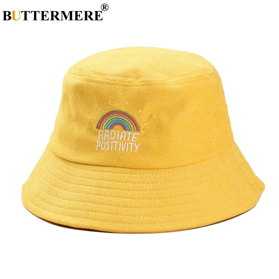 BUTTERMERE Women Bucket Hat Yellow Rainbow Corduroy Fishing Hats Men Summer Vintage Ladies Hip Hop Bucket Hat Street Unisex