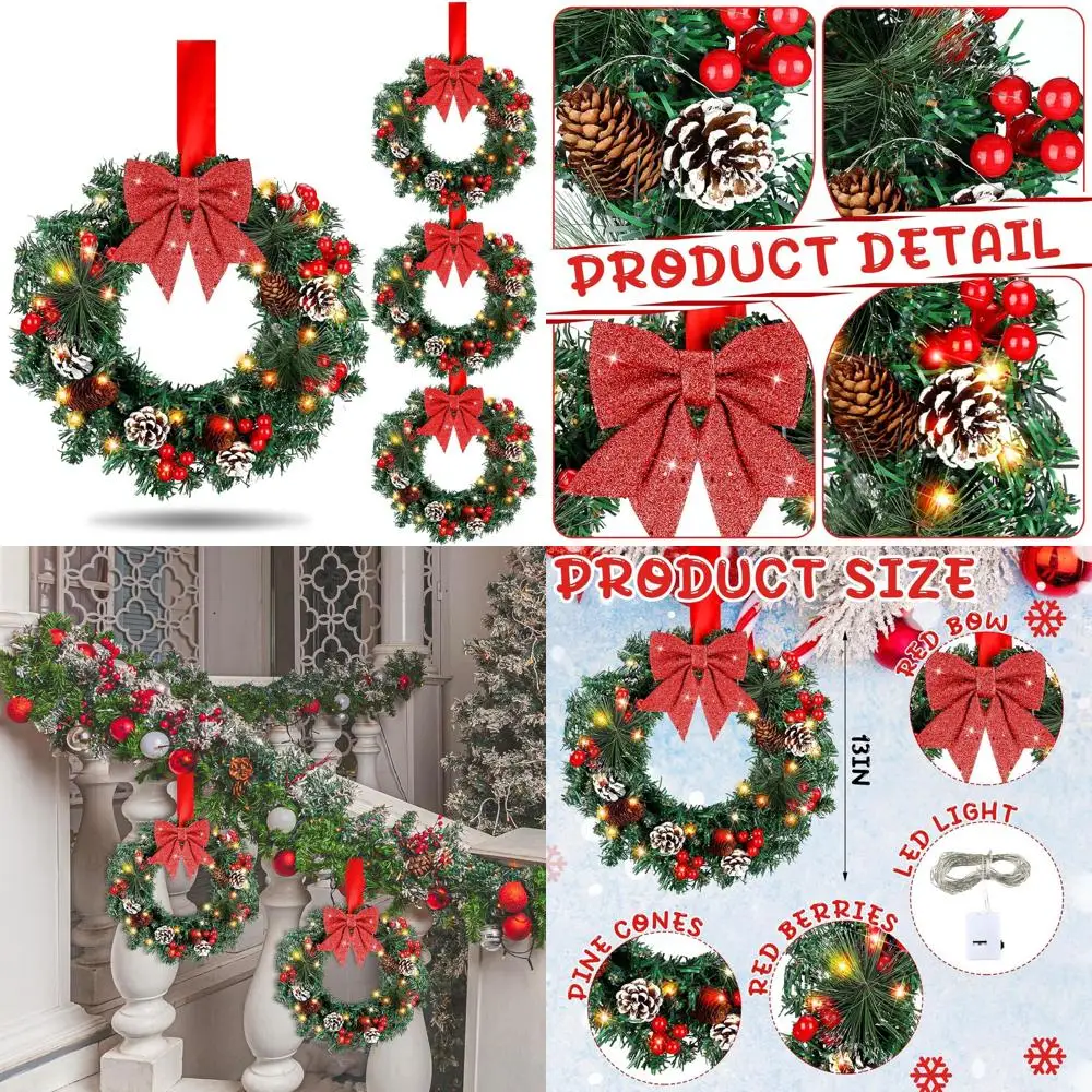 

Набор из 4 светодиодных мини-рождественских венков на батарейках, 13 декоративных венков из сосны с бантами и шишками для кухонных шкафов, Perfec