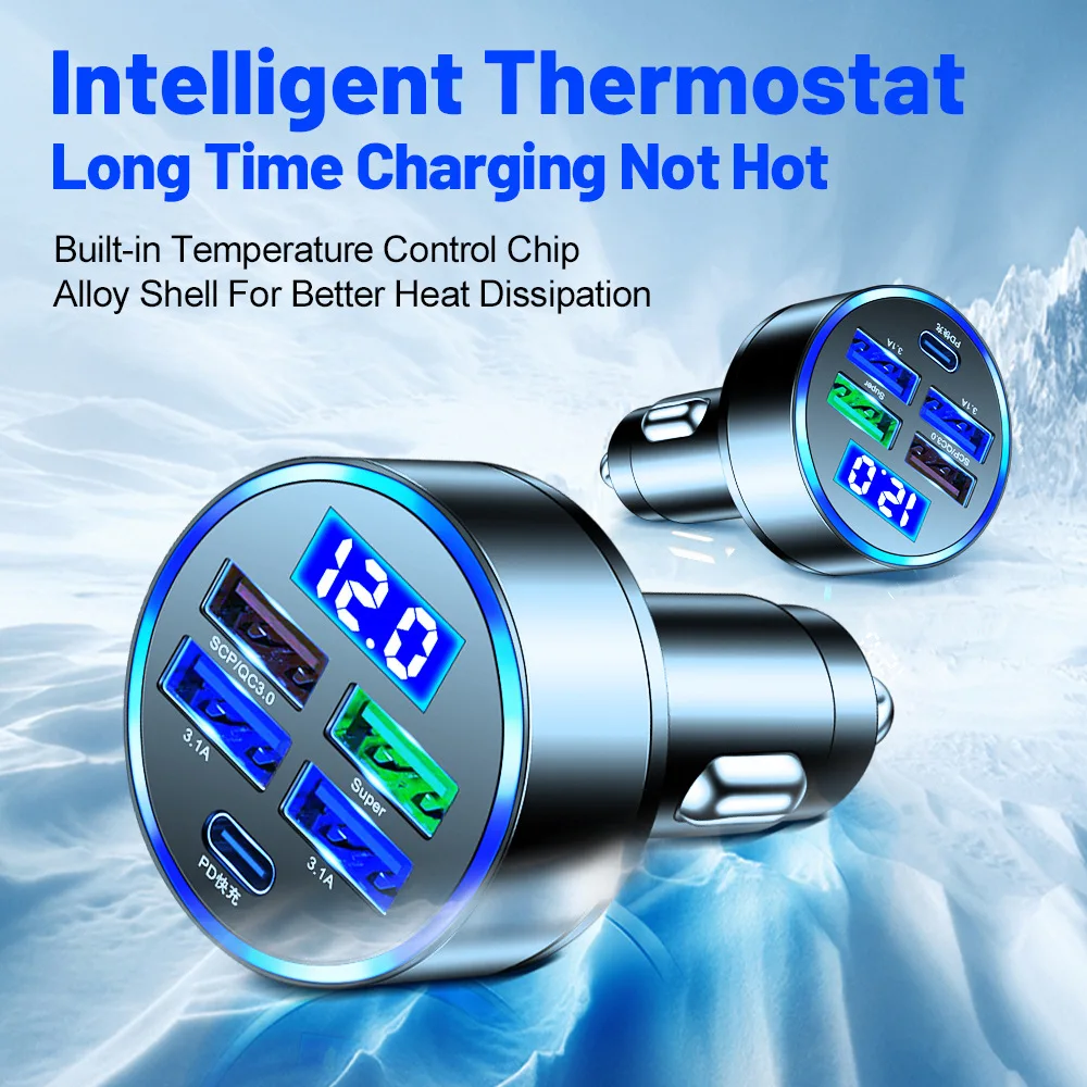 

Автомобильное зарядное устройство 5 портов Fast Charge PD QC30 USB C 250 Вт Светодиодное автомобильное зарядное устройство для телефона Type C Адаптер для Iphone Samsung Huawei Xiaomi