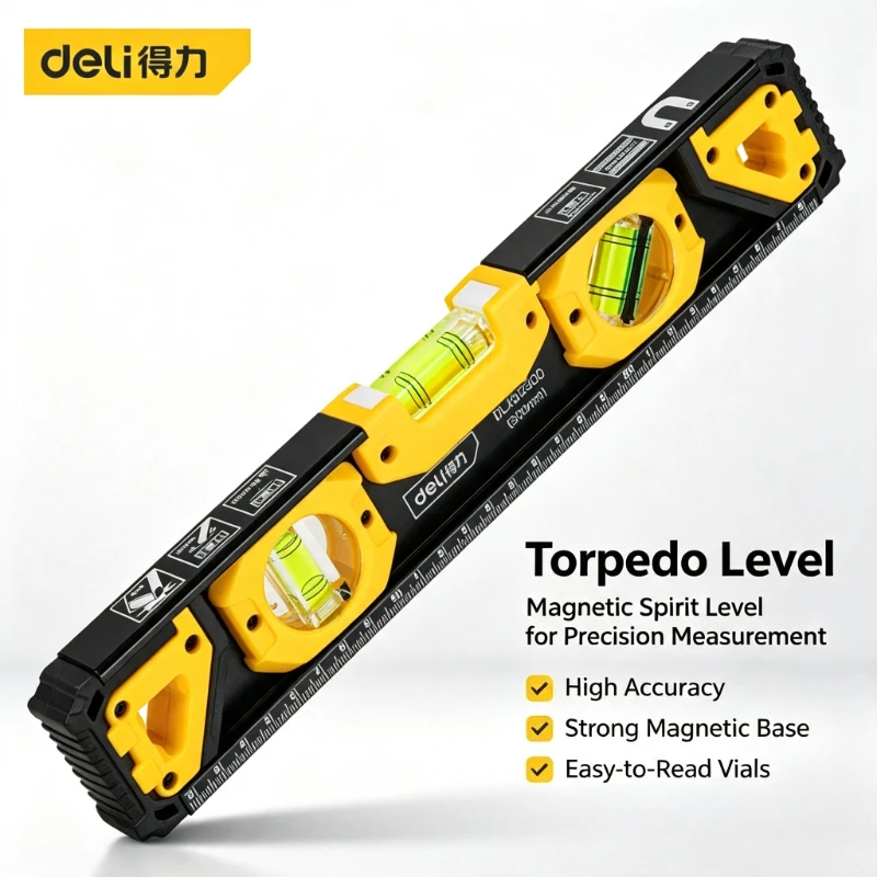 DELI Precision Solid Aluminum Level Measuring Instruments Anti-drop Strong Magnetic Bubble Level Balancer Ruler Measuring Tools
