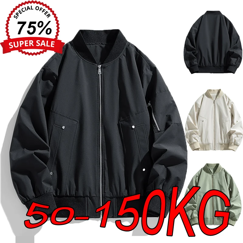 M-8XL Baseball Jacket Men's Plus Size New American Flight Suit Loose Trend Oversize Zipper Simple Solid Color Black Hooded Coats