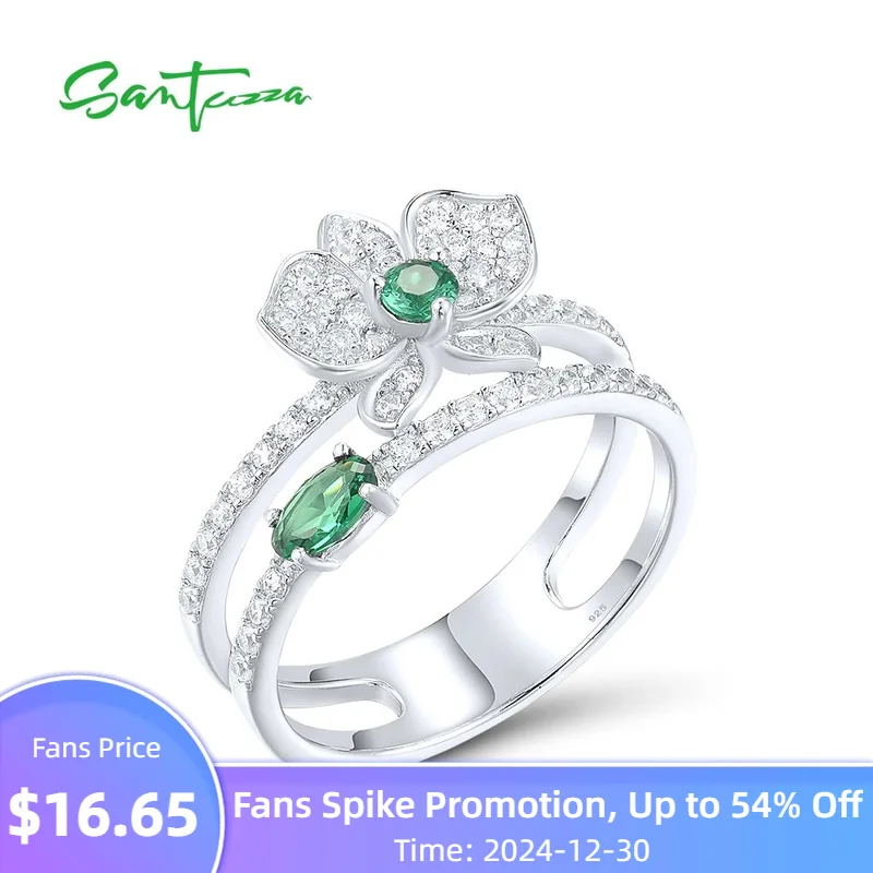 SANTUZZA Authentic 925 Sterling Silver Rings For Women Sparkling White CZ Green Spinel Orchid Flower Elegant Gifts Fine Jewelry