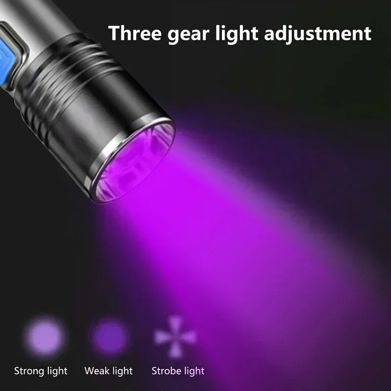 Mini Portable 365nm UV Flashlight Zoomable Ultraviolet Torch USB Rechargable For Pet Bacterium Detection Waterproof Black Light