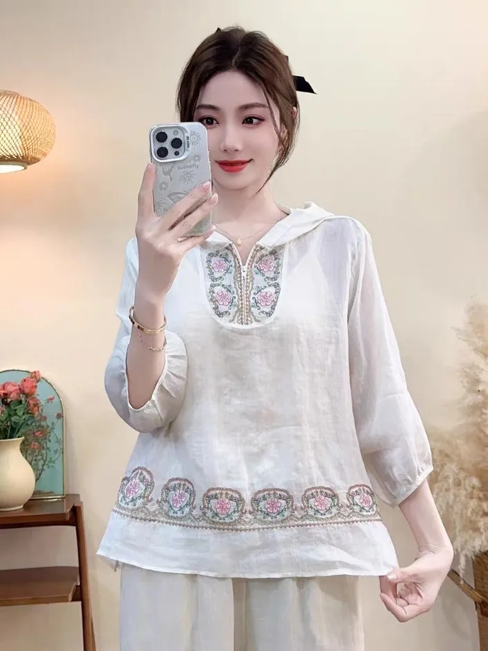 Sommer Neue Hut Gesticktes Flachs Lässige Leichte Chinesische Sle irt Damen Top Match Alle Gerade Röhre ort Sve Mit Kapuze