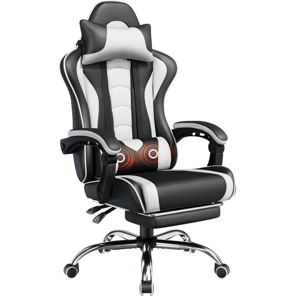 Gaming Chair w/Massage Lumbar Support & Footrest,Height Adjustable Ergonomic Computer Gaming Chair w/Swivel Seat, Black/White