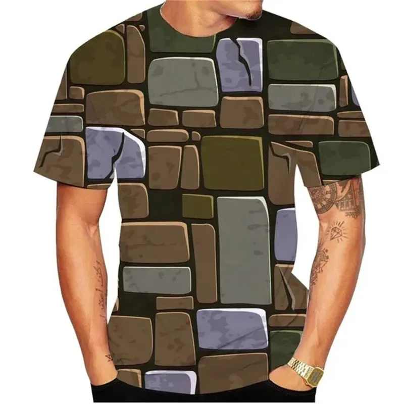 تي شيرت رجالي ثلاثي الأبعاد بجدران الطوب ، قمم بأكمام قصيرة ، شخصية غير رسمية ، تيشيرتات رسومات أصلية مطبوعة ، موضة صيفية ، اتجاه جديد