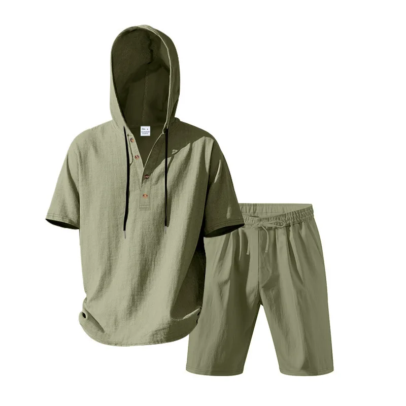 2026 spring and summer linen men's suit loose and breathable hooded Henry short-sleeved shorts casual two-piece suit men