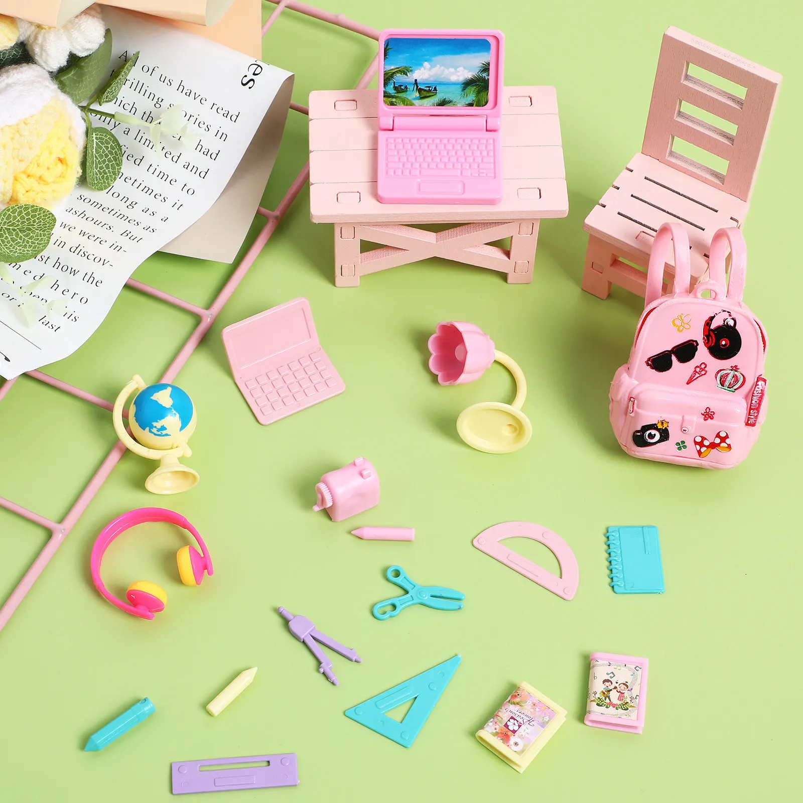 

1Set Miniature School Play Set for Girls Includes Mini Backpack Computer Ruler Stationery Set Vibrant Colors Fine Craftsmanship