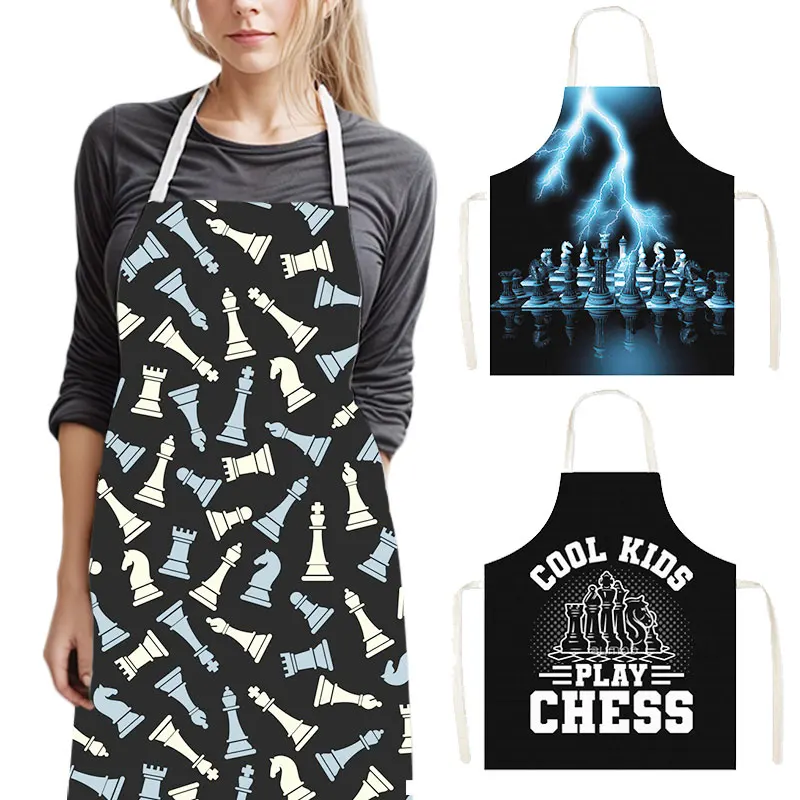 Chess Fans Print Kitchen Apron Chess Player Game Pinafore Checkmate Household Cleaning Tool Baking BBQ Chef Cooking Aprons