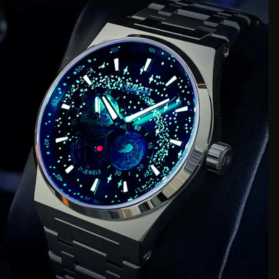 I&W Men Automatic Watch 41mm Mechanical Wristwatch 5ATM Luminous Starry Sky Multi-Dial Sapphire 24 Hours Small Second Dial