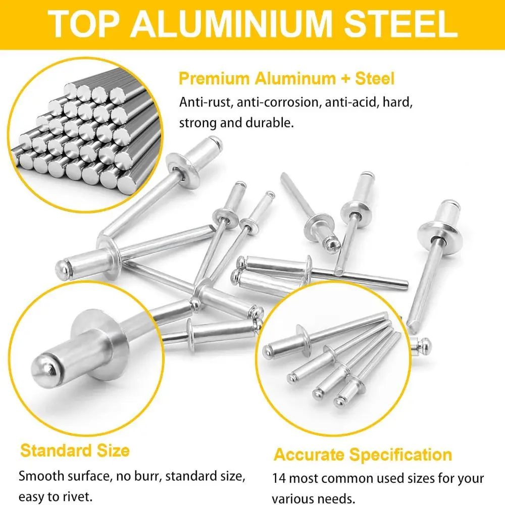 500Pcs/Set 304 Stainless Steel Mushroom Head Rivets Kit Round Head Black Pop Rivets 14 Sizes Durable Open-Type Rivets