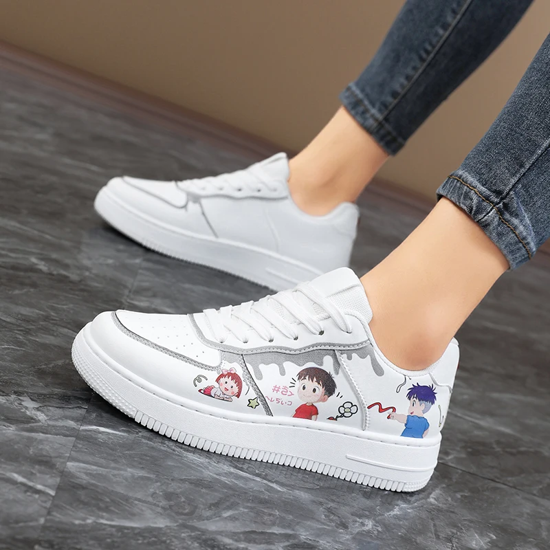 Women Cute Anime Cartoon Print Sneakers White Lace‑Up Platform Skate Shoes Lightweight Casual Daily Street Walking Footwear