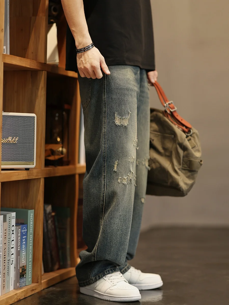 

Американские мужские джинсы в стиле ретро, весна-лето, новые свободные прямые джинсовые брюки с широкими штанинами, рваные, повседневные молодежные модные брюки