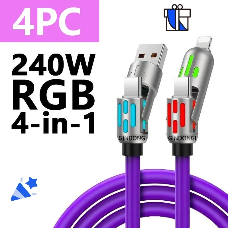 Câble 4 en 1 de charge rapide 240 W pour iPhone Android USB A/Type-C