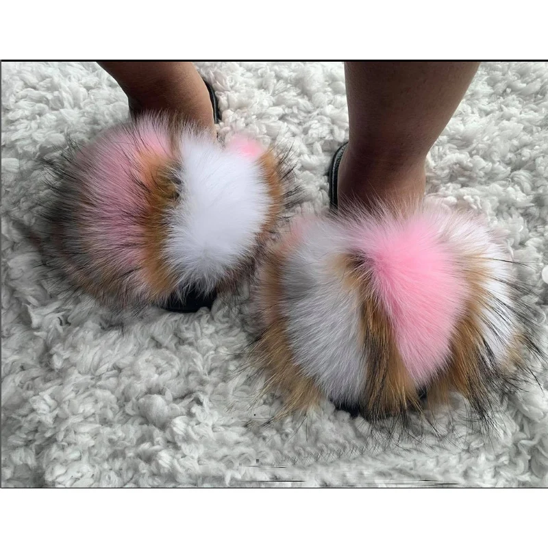 Summer Women Flat Fluffy Real Fur Slides For Women Girls Casual Slides Jelly Sandals Ladies Furry Slippers Female Flip Flops