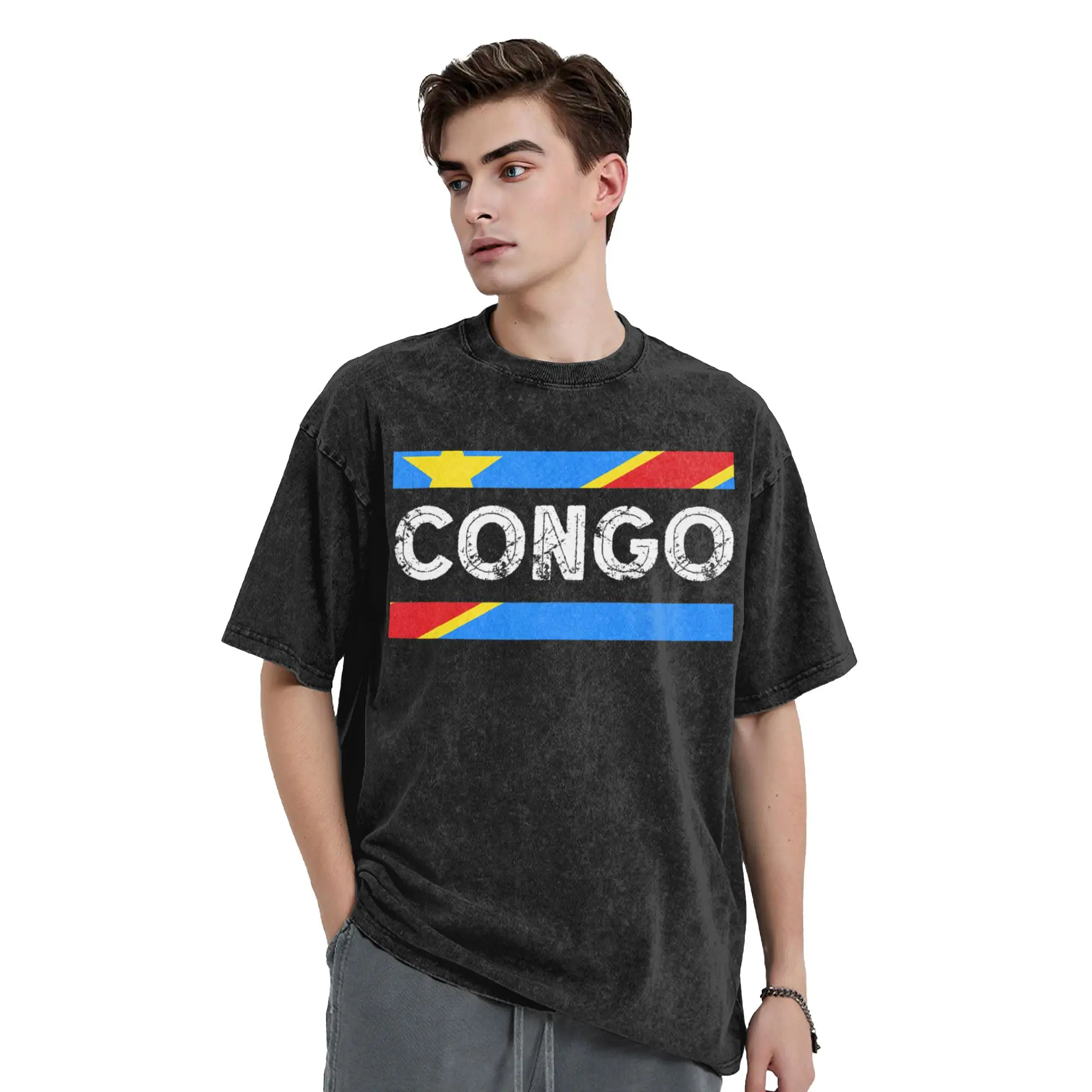 Republic Of Congo Congolese Flag DRC Washed T Shirts Streetwear T-Shirts  Tees Tops for Men Women Cotton Harajuku Printed