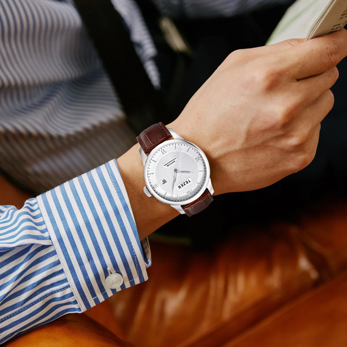 TEZER Men Quartz Watch | Brown Strap | Roman Numeral Dial | Date Window | 30M Water Resistant Wristwatch