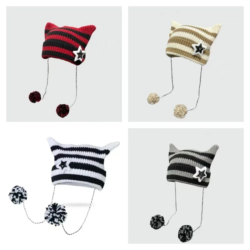 Funny Cat Ear Winter Hat For Women Star Striped YK2 Japan Style Cute Girl Beanie Little Devil Cap Pompom Skullies Bonnets Gift